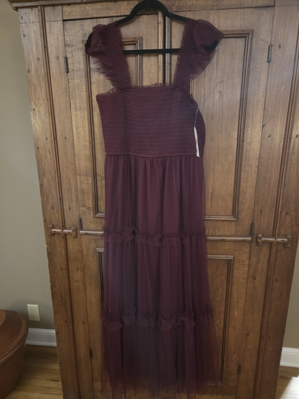 ARULA Burgundy Ruffle-Strap Smocked Maxi Dress